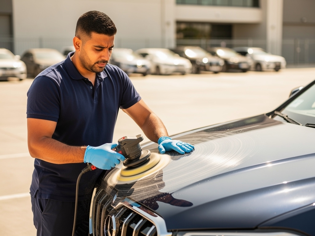 Car exterior being polished with a machine polisher on a Cairo street