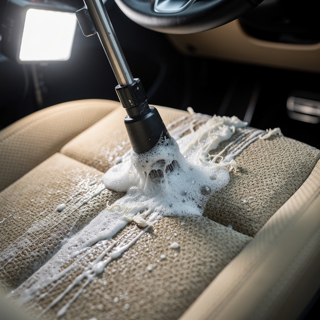 Detailing professional cleaning car interior seats and carpet with extraction equipment